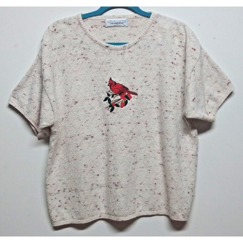 VTG Textured Sweater top Chelsea Gardens XL Embroidered red Cardinal short sleev